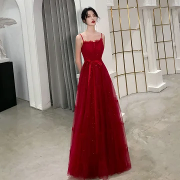 Chic Belle Bordeaux Été Robe De Soirée 2019 Princesse Bretelles Spaghetti Sans Manches Glitter Tulle Ceinture Longue Volants Dos Nu Robe De Ceremonie
