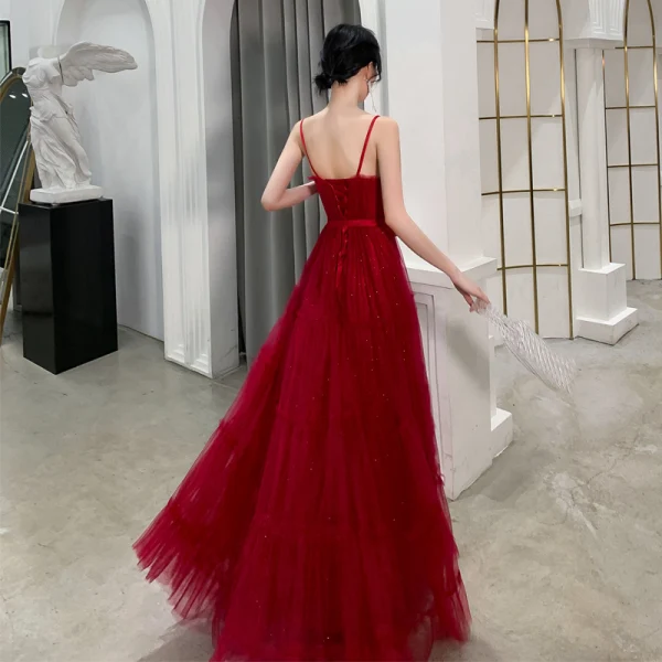 Chic / Beautiful Burgundy Summer Evening Dresses  2019 A-Line / Princess Spaghetti Straps Sleeveless Glitter Tulle Sash Floor-Length / Long Ruffle Backless Formal Dresses