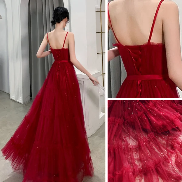 Chic / Beautiful Burgundy Summer Evening Dresses  2019 A-Line / Princess Spaghetti Straps Sleeveless Glitter Tulle Sash Floor-Length / Long Ruffle Backless Formal Dresses