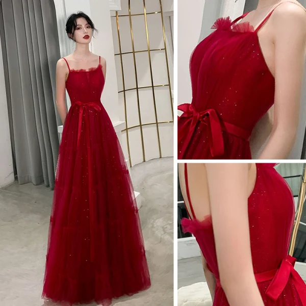 Chic / Beautiful Burgundy Summer Evening Dresses  2019 A-Line / Princess Spaghetti Straps Sleeveless Glitter Tulle Sash Floor-Length / Long Ruffle Backless Formal Dresses
