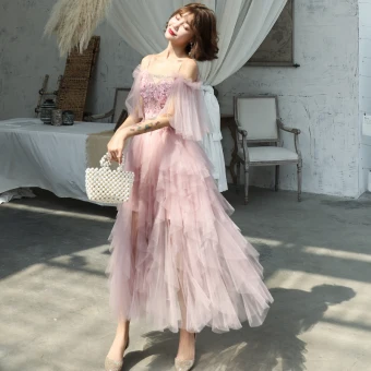 Affordable Blushing Pink Summer Prom Dresses 2019 A Line Princess Spaghetti Straps Short Sleeve Appliques Flower Beading Ankle Length Cascading Ruffles Backless Formal Dresses