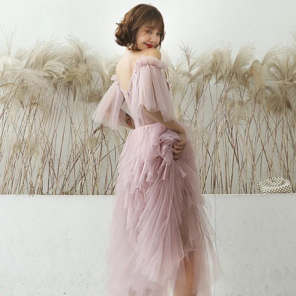 Affordable Blushing Pink Summer Prom Dresses 2019 A-Line / Princess Spaghetti Straps Short Sleeve Appliques Flower Beading Ankle Length Cascading