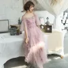 Affordable Blushing Pink Summer Prom Dresses 2019 A-Line / Princess Spaghetti Straps Short Sleeve Appliques Flower Beading Ankle Length Cascading Ruffles Backless Formal Dresses