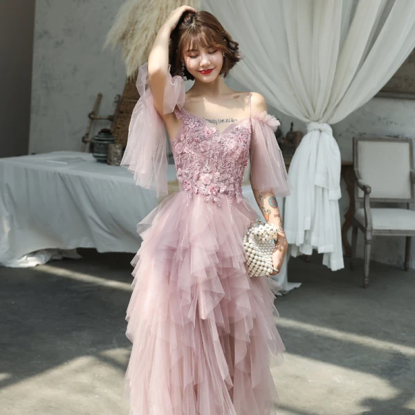Affordable Blushing Pink Summer Prom Dresses 2019 A-Line / Princess Spaghetti Straps Short Sleeve Appliques Flower Beading Ankle Length Cascading Ruffles Backless Formal Dresses