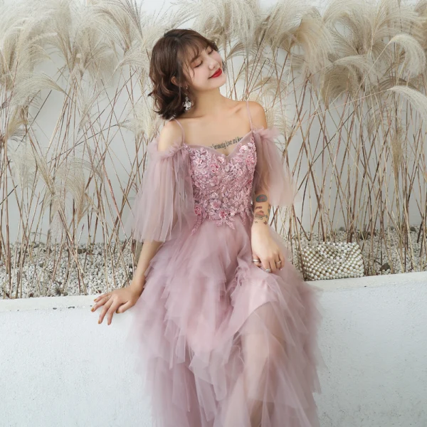 Affordable Blushing Pink Summer Prom Dresses 2019 A-Line / Princess Spaghetti Straps Short Sleeve Appliques Flower Beading Ankle Length Cascading Ruffles Backless Formal Dresses