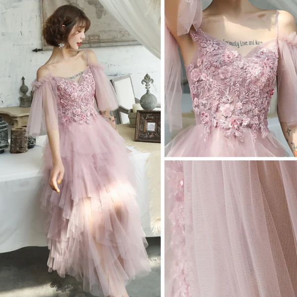 Affordable Blushing Pink Summer Prom Dresses 2019 A-Line / Princess Spaghetti Straps Short Sleeve Appliques Flower Beading Ankle Length Cascading Ruffles Backless Formal Dresses