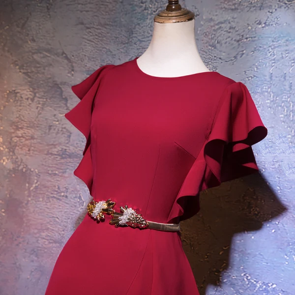 Chic / Beautiful Burgundy Evening Dresses 2019 Trumpet / Mermaid Scoop Neck Short Sleeve Metal Rhinestone Sash Short Ruffle Formal Dresses