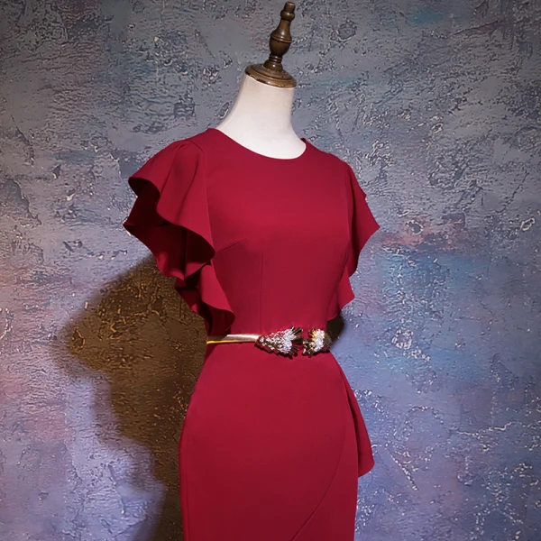 Chic / Beautiful Burgundy Evening Dresses 2019 Trumpet / Mermaid Scoop Neck Short Sleeve Metal Rhinestone Sash Short Ruffle Formal Dresses