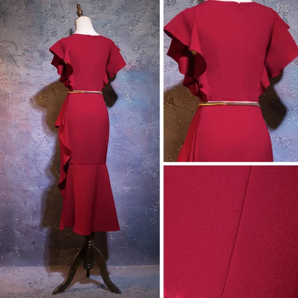 Chic / Beautiful Burgundy Evening Dresses 2019 Trumpet / Mermaid Scoop Neck Short Sleeve Metal Rhinestone Sash Short Ruffle Formal Dresses