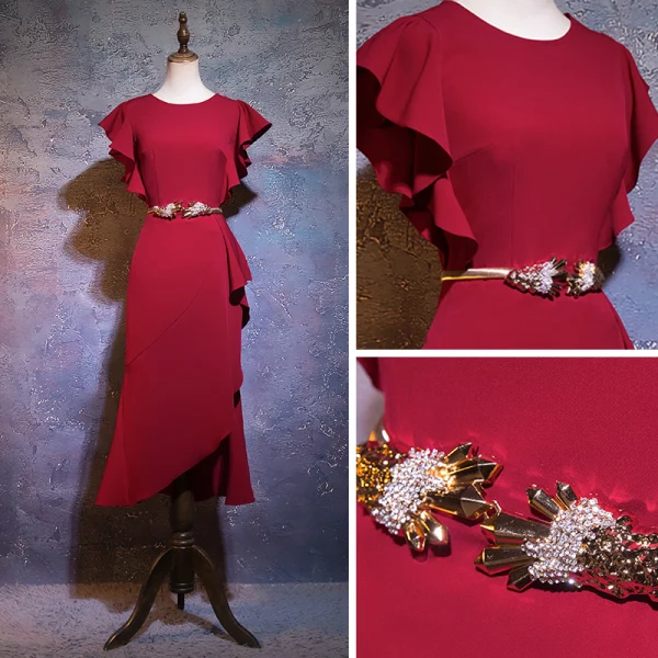 Chic / Beautiful Burgundy Evening Dresses 2019 Trumpet / Mermaid Scoop Neck Short Sleeve Metal Rhinestone Sash Short Ruffle Formal Dresses