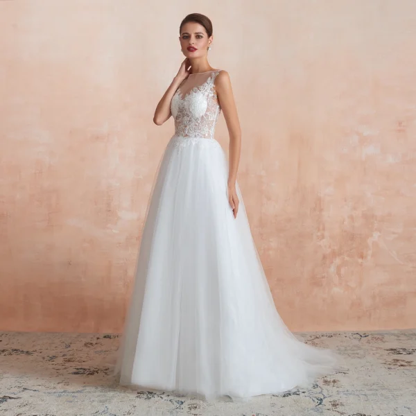 Illusion Ivory / Creme Durchsichtige Brautkleider / Hochzeitskleider 2020 A Linie Eckiger Ausschnitt Ärmellos Applikationen Spitze Pailletten Sweep / Pinsel Zug Rüschen