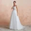 Illusion Ivory / Creme Durchsichtige Brautkleider / Hochzeitskleider 2020 A Linie Eckiger Ausschnitt Ärmellos Applikationen Spitze Pailletten Sweep / Pinsel Zug Rüschen