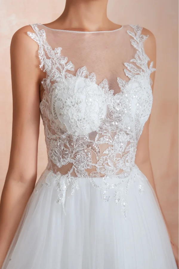 Illusion Ivory / Creme Durchsichtige Brautkleider / Hochzeitskleider 2020 A Linie Eckiger Ausschnitt Ärmellos Applikationen Spitze Pailletten Sweep / Pinsel Zug Rüschen