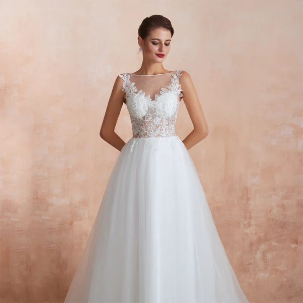 Illusion Ivory / Creme Durchsichtige Brautkleider / Hochzeitskleider 2020 A Linie Eckiger Ausschnitt Ärmellos Applikationen Spitze Pailletten Sweep / Pinsel Zug Rüschen