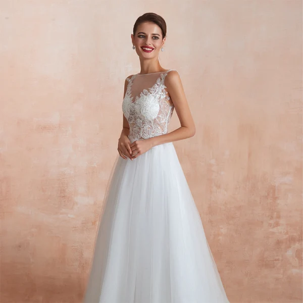Illusion Ivory / Creme Durchsichtige Brautkleider / Hochzeitskleider 2020 A Linie Eckiger Ausschnitt Ärmellos Applikationen Spitze Pailletten Sweep / Pinsel Zug Rüschen