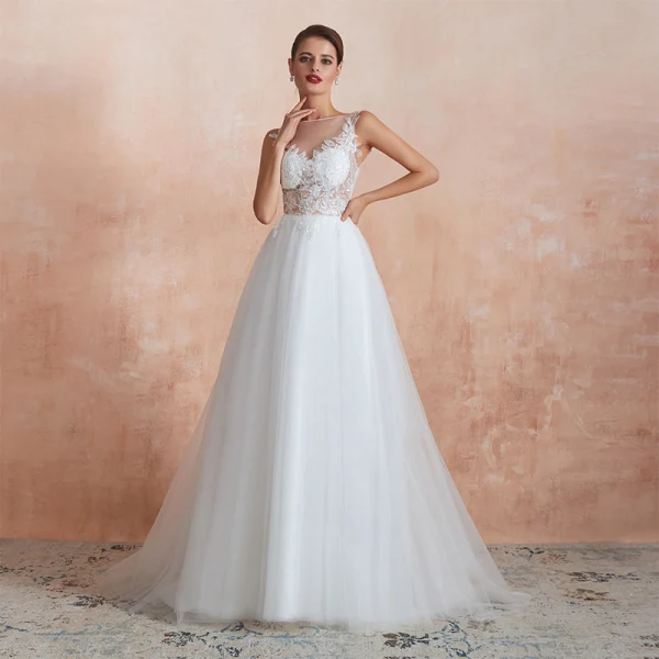 Illusion Ivory / Creme Durchsichtige Brautkleider / Hochzeitskleider 2020 A Linie Eckiger Ausschnitt Ärmellos Applikationen Spitze Pailletten Sweep / Pinsel Zug Rüschen