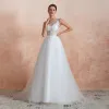 Illusion Ivory See-through Wedding Dresses 2020 A-Line / Princess Square Neckline Sleeveless Appliques Lace Sequins Sweep Train Ruffle