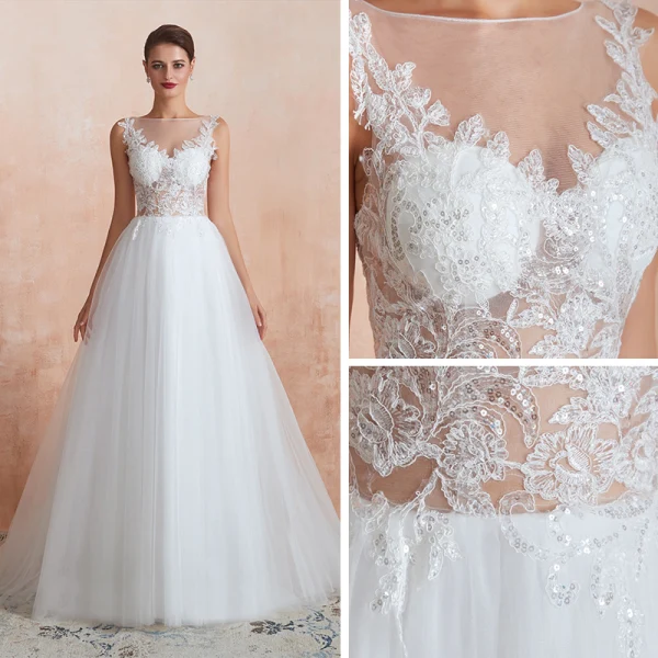 Illusion Ivory / Creme Durchsichtige Brautkleider / Hochzeitskleider 2020 A Linie Eckiger Ausschnitt Ärmellos Applikationen Spitze Pailletten Sweep / Pinsel Zug Rüschen