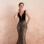 Sexy Schwarz Champagner Abendkleider 2020 Meerjungfrau Tiefer V-Ausschnitt Ärmellos Stoffgürtel Perlenstickerei Pailletten Sweep / Pinsel Zug Rüschen Rückenfreies Festliche Kleider