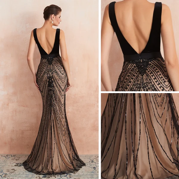 Sexy Black Champagne Evening Dresses 2020 Trumpet Mermaid Deep V-Neck Sleeveless Sash Sexy Black Champagne Evening Dresses 2020 Trumpet Mermaid Deep V-Neck Sleeveless Sash