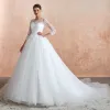Romantic Ivory See-through Wedding Dresses 2020 Ball Gown Square Neckline 3/4 Sleeve Appliques Lace Chapel Train Ruffle
