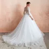 Romantic Ivory See-through Wedding Dresses 2020 Ball Gown Square Neckline 3/4 Sleeve Appliques Lace Chapel Train Ruffle