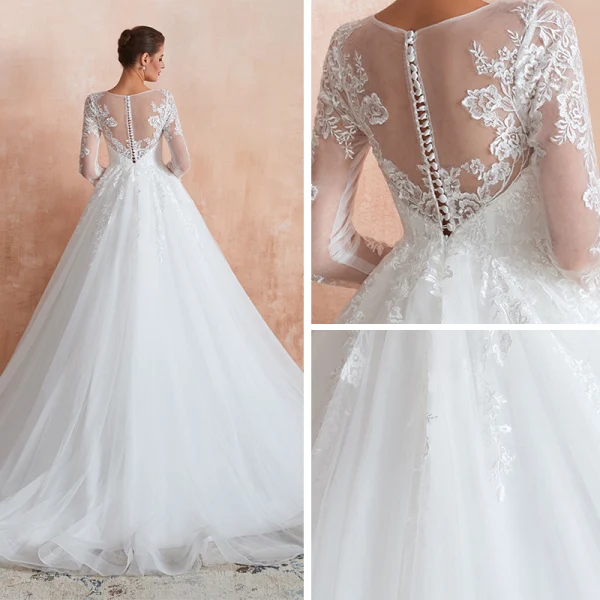 Romantique Ivoire Transparentes Robe De Mariée 2020 Robe Boule Encolure Carrée 3/4 Manches Appliques En Dentelle Chapel Train Volants