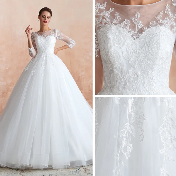 Romantique Ivoire Transparentes Robe De Mariée 2020 Robe Boule Encolure Carrée 3/4 Manches Appliques En Dentelle Chapel Train Volants