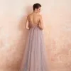 High-end Sexy Sky Blue See-through Evening Dresses  2020 A-Line / Princess Spaghetti Straps Sleeveless Beading Split Front Sweep Train Ruffle Backless Formal Dresses