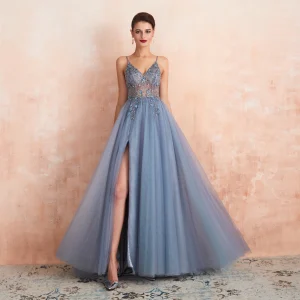 Haut De Gamme Sexy Bleu Ciel Transparentes Robe De Soirée 2020 Princesse Bretelles Spaghetti Sans Manches Perlage Fendue Devant Train De Balayage Volants Dos Nu Robe De Ceremonie