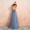 High-end Sexy Sky Blue See-through Evening Dresses  2020 A-Line / Princess Spaghetti Straps Sleeveless Beading Split Front Sweep Train Ruffle Backless Formal Dresses