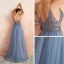 High End Sexy Himmelblau Durchsichtige Abendkleider 2020 A Linie Spaghettiträger Ärmellos Perlenstickerei Gespaltete Front Sweep / Pinsel Zug Rüschen Rückenfreies Festliche Kleider