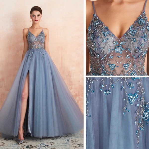 High End Sexy Himmelblau Durchsichtige Abendkleider 2020 A Linie Spaghettiträger Ärmellos Perlenstickerei Gespaltete Front Sweep / Pinsel Zug Rüschen Rückenfreies Festliche Kleider