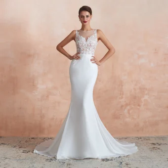 Illusion Transparentes Blanche Chiffon Robe De Mariée 2020 Trompette Sirène Encolure Carrée Sans Manches Appliques En Dentelle Tribunal Train Volants