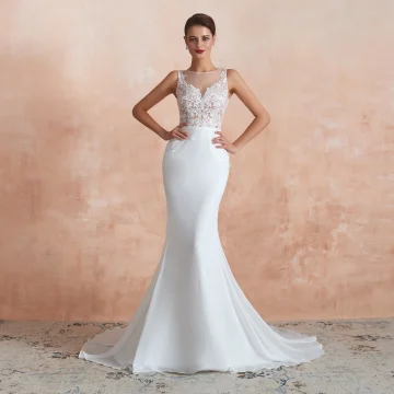 Illusion Transparentes Blanche Chiffon Robe De Mariée 2020 Trompette Sirène Encolure Carrée Sans Manches Appliques En Dentelle Tribunal Train Volants