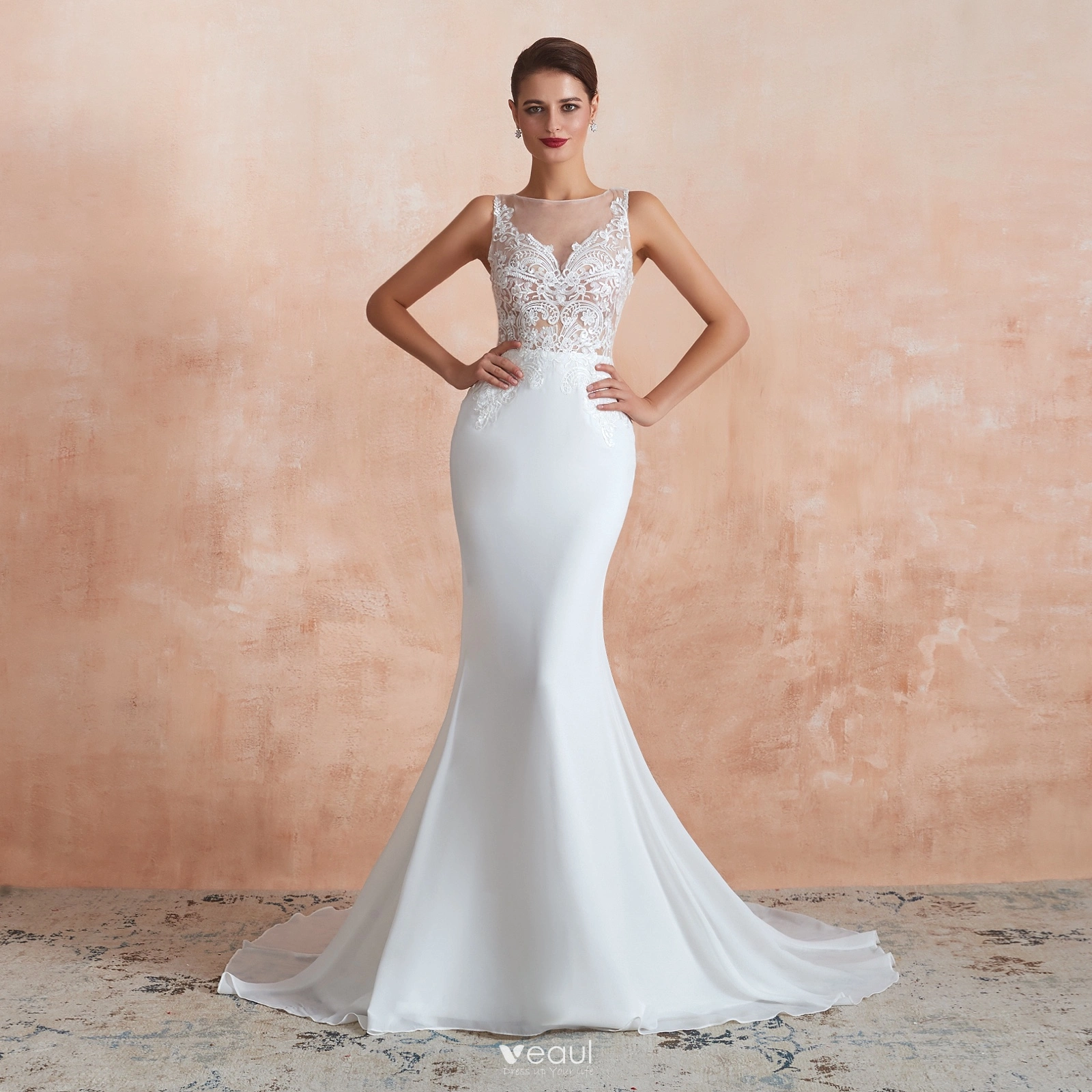 Trumpet Lace See Through Sleeveless Mermaid Wedding Dress Trumpet Lace See Through Sleeveless Mermaid Wedding Dress