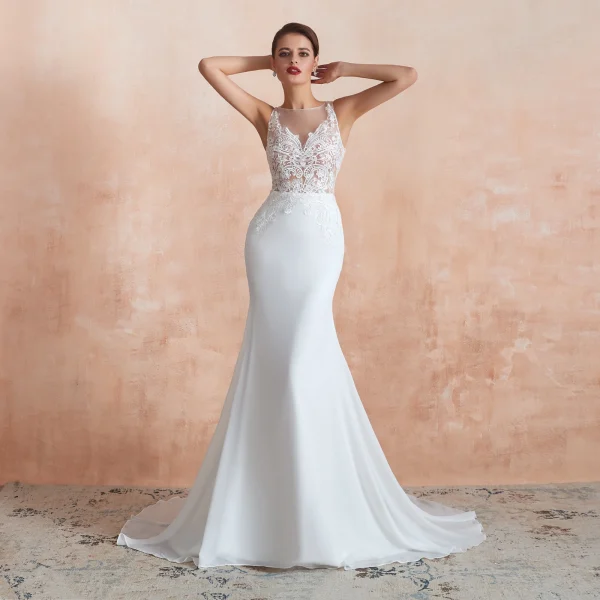 Illusion Transparentes Blanche Chiffon Robe De Mariée 2020 Trompette / Sirène Encolure Carrée Sans Manches Appliques En Dentelle Tribunal Train Volants