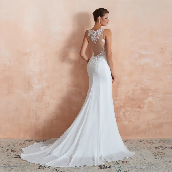 Illusion See-through White Chiffon Wedding Dresses 2020 Trumpet / Mermaid Square Neckline Sleeveless Appliques Lace Court Illusion See-through White Chiffon Wedding Dresses 2020 Trumpet / Mermaid Square Neckline Sleeveless Appliques Lace Court