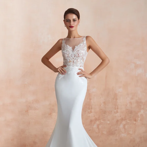 Illusion Transparentes Blanche Chiffon Robe De Mariée 2020 Trompette / Sirène Encolure Carrée Sans Manches Appliques En Dentelle Tribunal Train Volants