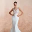 Illusion Transparentes Blanche Chiffon Robe De Mariée 2020 Trompette / Sirène Encolure Carrée Sans Manches Appliques En Dentelle Tribunal Train Volants