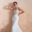 Illusion Transparentes Blanche Chiffon Robe De Mariée 2020 Trompette / Sirène Encolure Carrée Sans Manches Appliques En Dentelle Tribunal Train Volants