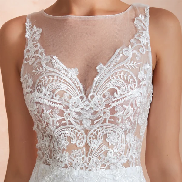 Illusion Transparentes Blanche Chiffon Robe De Mariée 2020 Trompette / Sirène Encolure Carrée Sans Manches Appliques En Dentelle Tribunal Train Volants