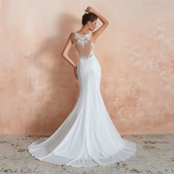 Illusion Transparentes Blanche Chiffon Robe De Mariée 2020 Trompette / Sirène Encolure Carrée Sans Manches Appliques En Dentelle Tribunal Train Volants