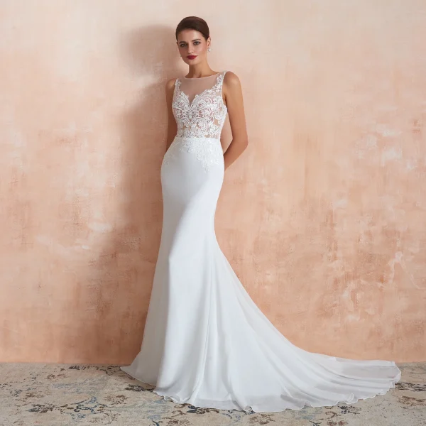 Illusion Transparentes Blanche Chiffon Robe De Mariée 2020 Trompette / Sirène Encolure Carrée Sans Manches Appliques En Dentelle Tribunal Train Volants