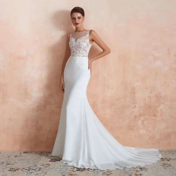 Illusion Transparentes Blanche Chiffon Robe De Mariée 2020 Trompette / Sirène Encolure Carrée Sans Manches Appliques En Dentelle Tribunal Train Volants