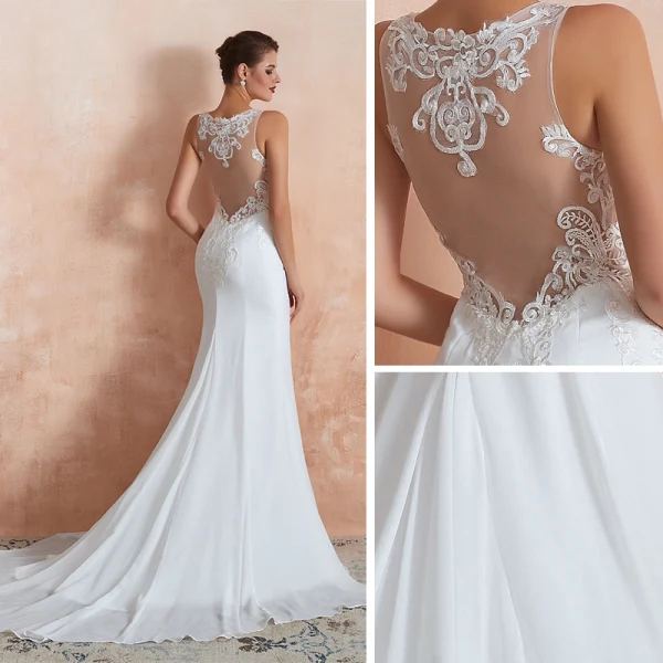 Illusion Transparentes Blanche Chiffon Robe De Mariée 2020 Trompette / Sirène Encolure Carrée Sans Manches Appliques En Dentelle Tribunal Train Volants