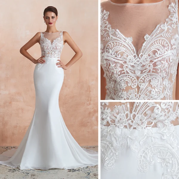 Illusion Transparentes Blanche Chiffon Robe De Mariée 2020 Trompette / Sirène Encolure Carrée Sans Manches Appliques En Dentelle Tribunal Train Volants