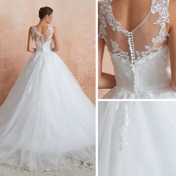 Chic / Belle Ivoire Transparentes Robe De Mariée 2020 Robe Boule Encolure Dégagée Sans Manches Appliques En Dentelle Chapel Train Volants