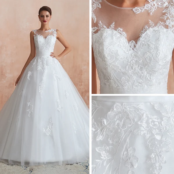 Chic / Belle Ivoire Transparentes Robe De Mariée 2020 Robe Boule Encolure Dégagée Sans Manches Appliques En Dentelle Chapel Train Volants