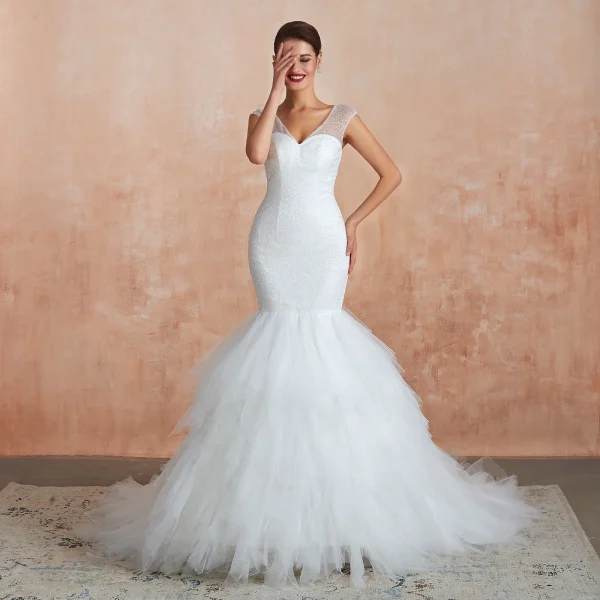 Luxury / Gorgeous Ivory Wedding Dresses 2020 Trumpet / Mermaid V-Neck Sleeveless Backless Beading Chapel Train Ruffle